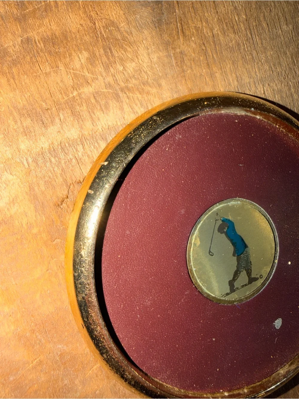 Set of 4 Vintage Golf-Themed Leather & Gold Coasters - Burgundy